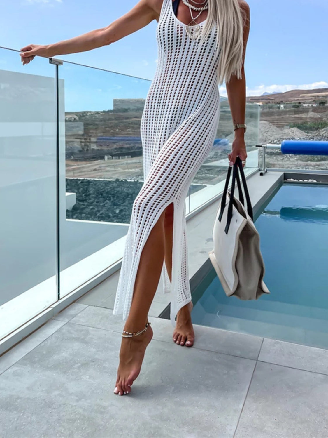 Openwork Slit Cutout Wide Strap Dress - store name